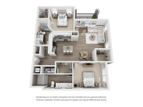 A 3D rendered image of a modern apartment layout.
